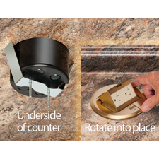Arlington's Countertop Box Kits offer multiple options for installing a Listed receptacle in a countertop up to 1-1/2 inches thick. These round plastic boxes come with brass or nickel-plated trapdoor covers. They install by simply tightening two screws that hold the spring steel clip secure against the underside of the countertop.