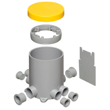 Made of heavy-duty plastic, Arlington's NEW FLBC4502 4.5" non-metallic concrete floor box has more! – SIX conduit hubs and FOUR plugs. And THREE options for positioning the low voltage divider in the box.