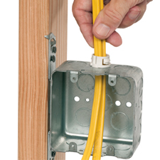 Listed for single or multiple cables, Arlington’s new White Button™
NM94X non-metallic cable connector offers smooth, easy insertion of one
or two cables into a single opening from the INSIDE or outside of the
box.