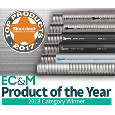 Electri-Flex Company recently launched an award-winning line of
Stainless Steel Jacketed Flexible Electrical Conduits. This line of
conduits won the 2018 Category Winner with EC&M Magazine - Product
of the year, and also won the 2017 Top Product Award with Electrical
Products & Solutions.